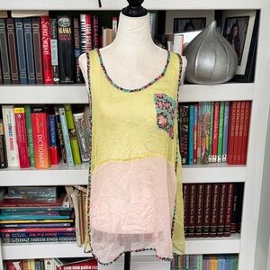 Yellow and Pale Pink Floral-Trim Sleeveless Tank Top